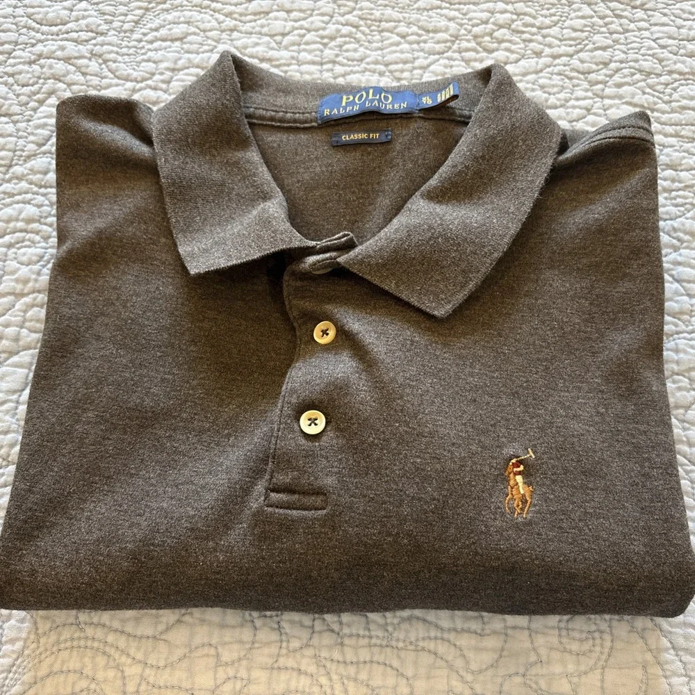 Ralph Lauren Polo Shirt Mens XL Charcoal Gray Long Sleeve Classic Fit Flesh Pony